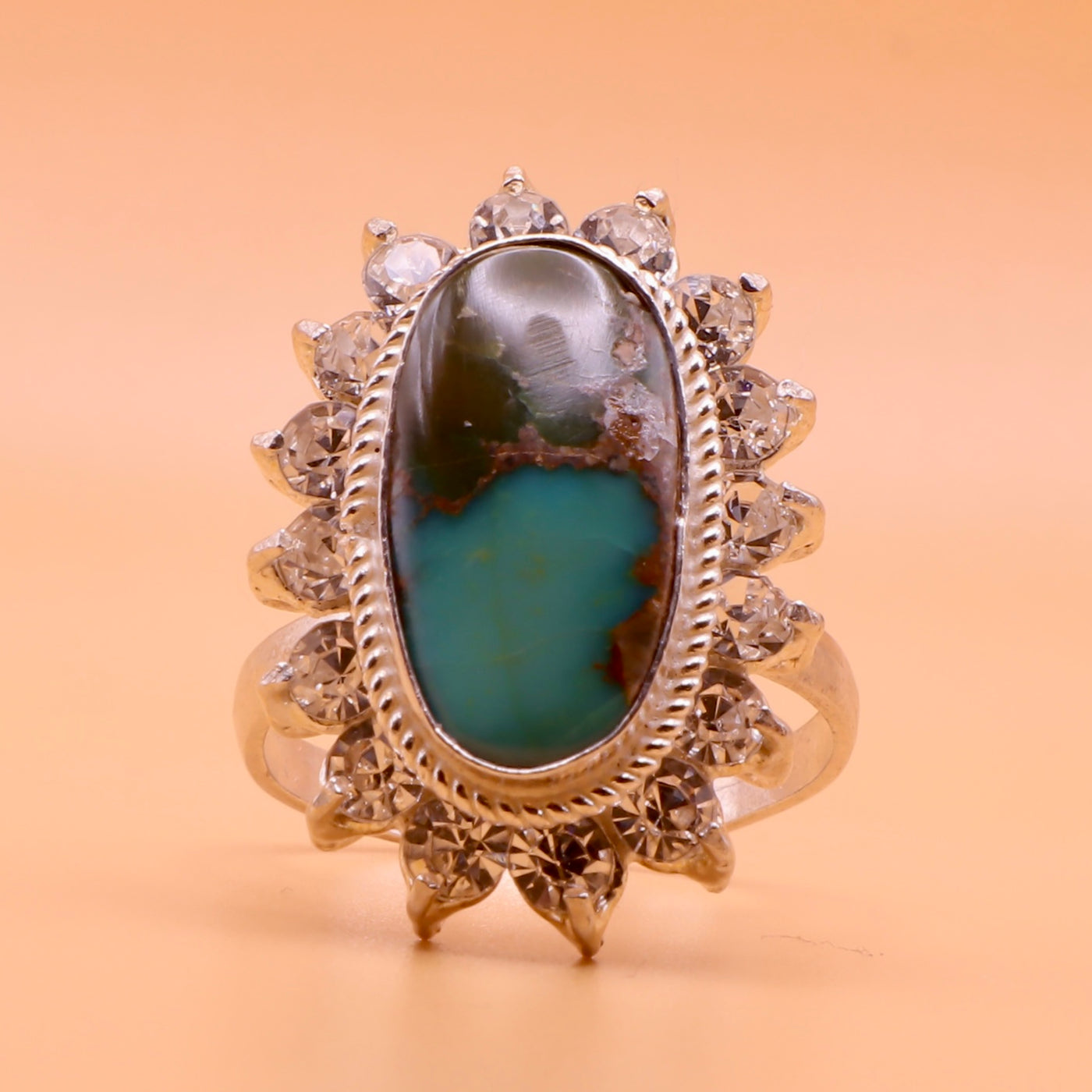 Nishapuri Feroza Ring for Ladies | Genuine Persian Turquoise Sterling Silver Ring with Cubic Zirconia for Women US Size 8 - AlAliGems
