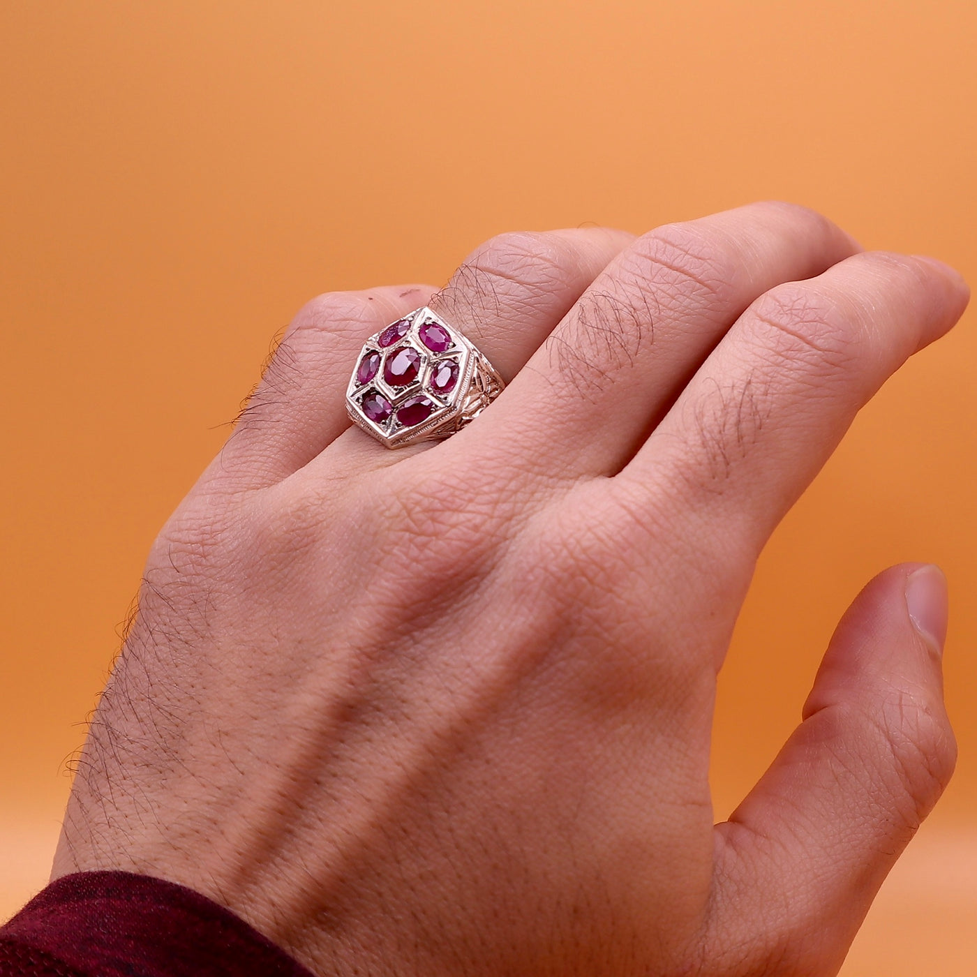 Handmade Persian Yaqoot Ring | Handmade Ring With 7 Natural Ruby Stones | US Size 12 - Al Ali Gems