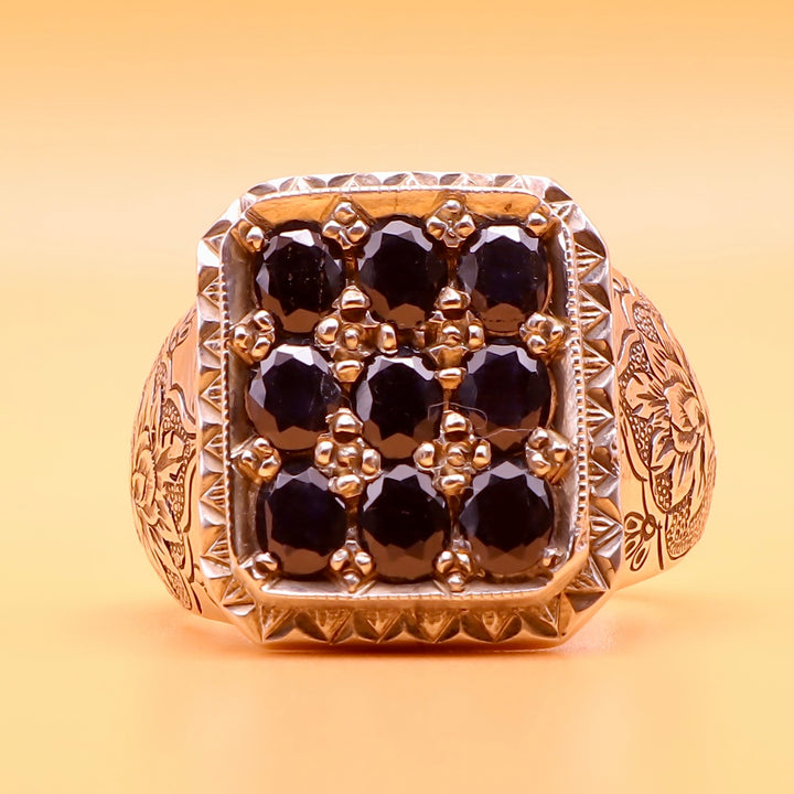Handmade Iranian Art (Qalamzani) Engraved Persian Ring | 9 Blue Sapphire Stones | Hand Engraved Ring - US Size 11.5 - Al Ali Gems