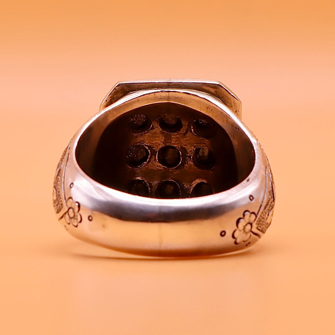 Handmade Iranian Art (Qalamzani) Engraved Persian Ring | 9 Blue Sapphire Stones | Hand Engraved Ring - US Size 11.5 - Al Ali Gems