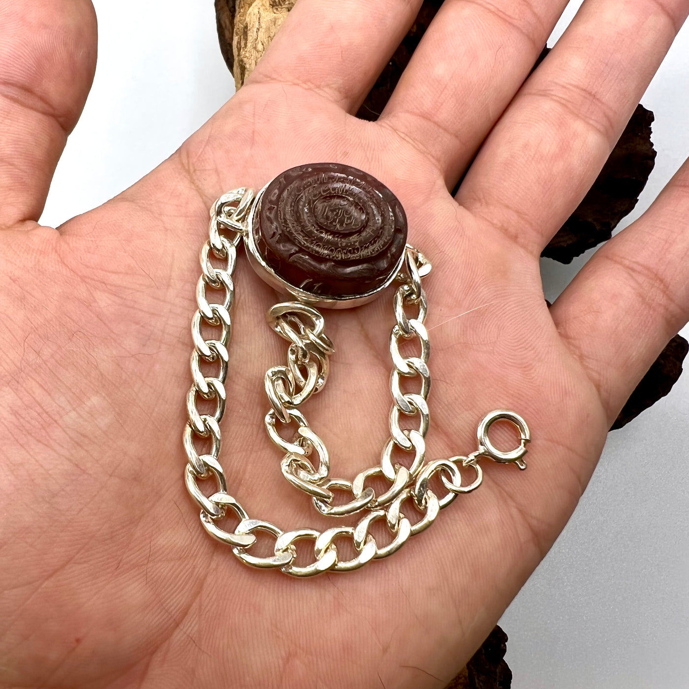 Ayatul Kursi Engraved Yemeni Aqeeq Stone Bracelet | Hand Carved Stone And Sterling Silver Bracelet - Al Ali Gems