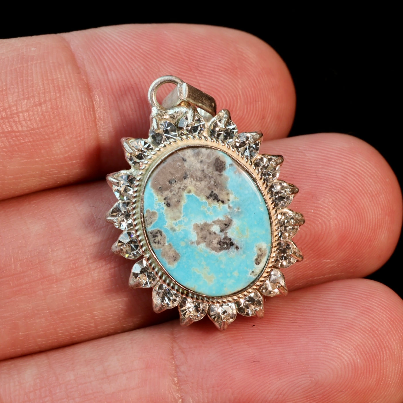 Round Blue Neyshabur Turquoise Stone Pendant | Feroza Pendant with Cubic Zirconia - Al Ali Gems