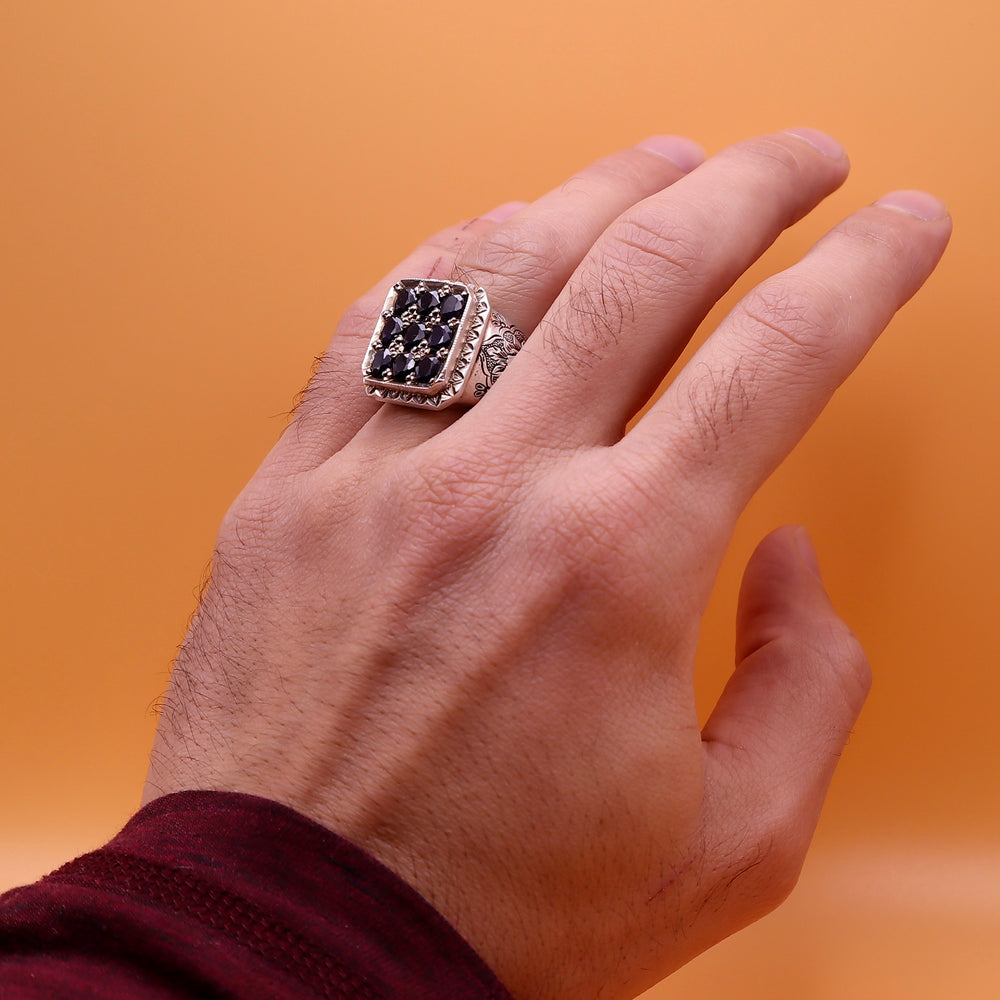 Handmade Iranian Art (Qalamzani) Engraved Persian Ring | 9 Blue Sapphire Stones | Hand Engraved Ring - US Size 11.5 - Al Ali Gems