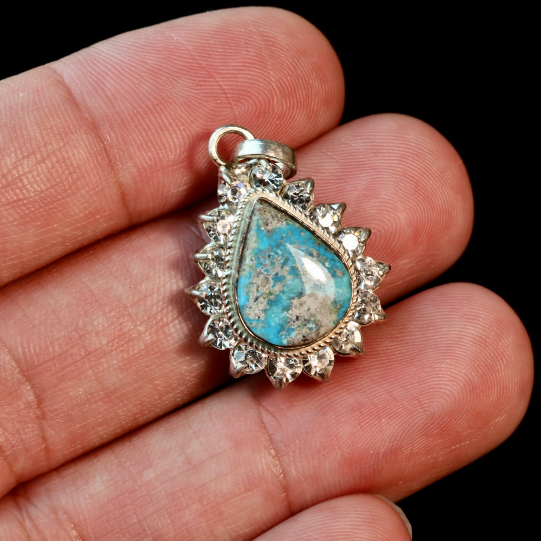 Teardrop Blue Neyshabur Turquoise Stone Pendant | Feroza Pendant with Cubic Zirconia - Al Ali Gems