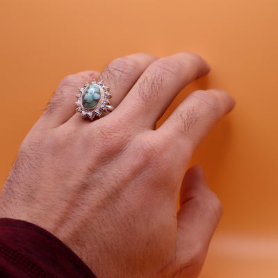 Nishapuri Feroza Ring for Ladies | Genuine Persian Turquoise Sterling Silver Ring with Cubic Zirconia for Women US Size 8 - AlAliGems