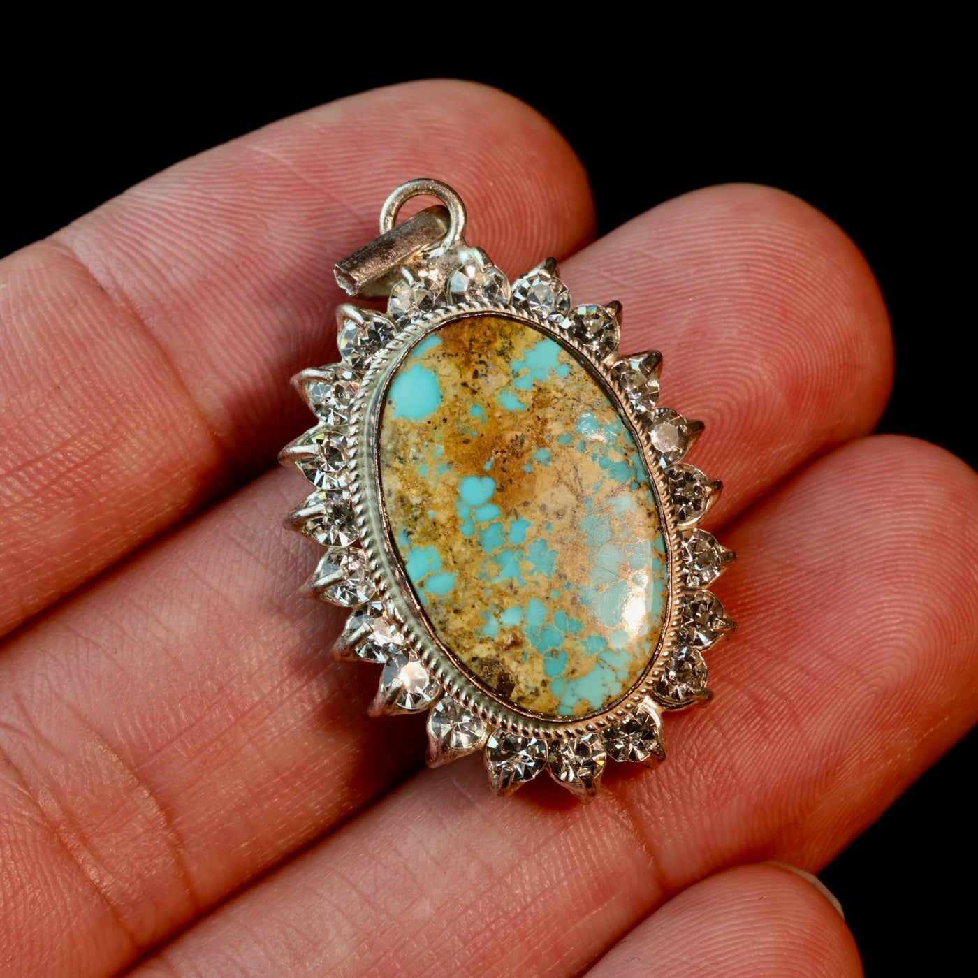 Oval Blue and Gold Neyshabur Turquoise Stone Pendant | Feroza Pendant with Cubic Zirconia - Al Ali Gems