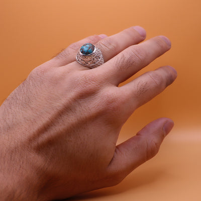 Nyshapuri Feroza Stone Ring | Natural Blue Turquoise Stone Ring | Sterling Silver 92.5 | Geniune Feroza Stone | US Size 10 - AlAliGems