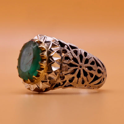 Handmade Persian Sterling Silver Ring with Emerald Stone - Al Ali Gems
