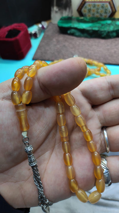 33 Beads of Yemen Islamic Tasbih Aqeeq Aqiq (Agate) Stones Prayer Bead, Yemeni Muslim Tesbih Taspih, 13 x 7 mm | Yemeni Aqeeq Stone - Al Ali Gems