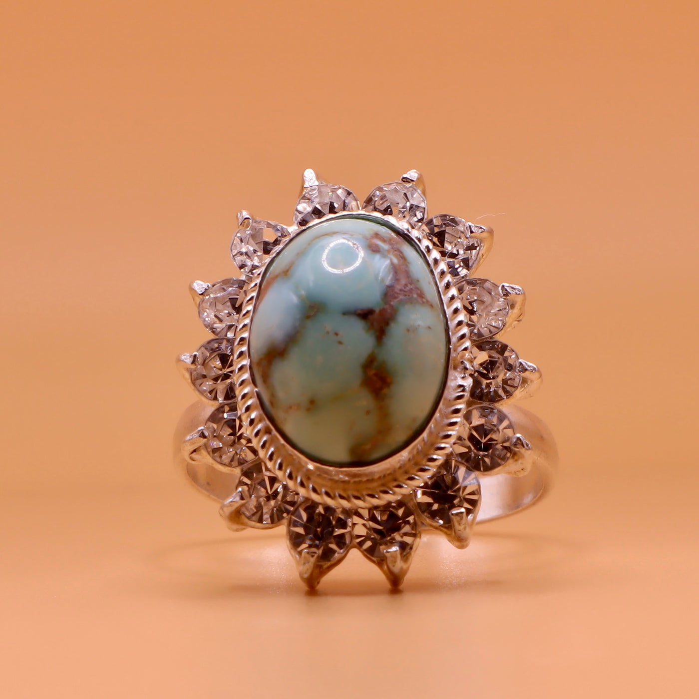 Nishapuri Feroza Ring for Ladies | Genuine Persian Turquoise Sterling Silver Ring with Cubic Zirconia for Women US Size 8 - AlAliGems