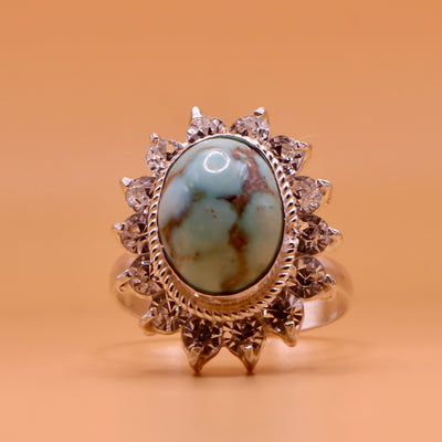 Nishapuri Feroza Ring for Ladies | Genuine Persian Turquoise Sterling Silver Ring with Cubic Zirconia for Women US Size 8 - AlAliGems