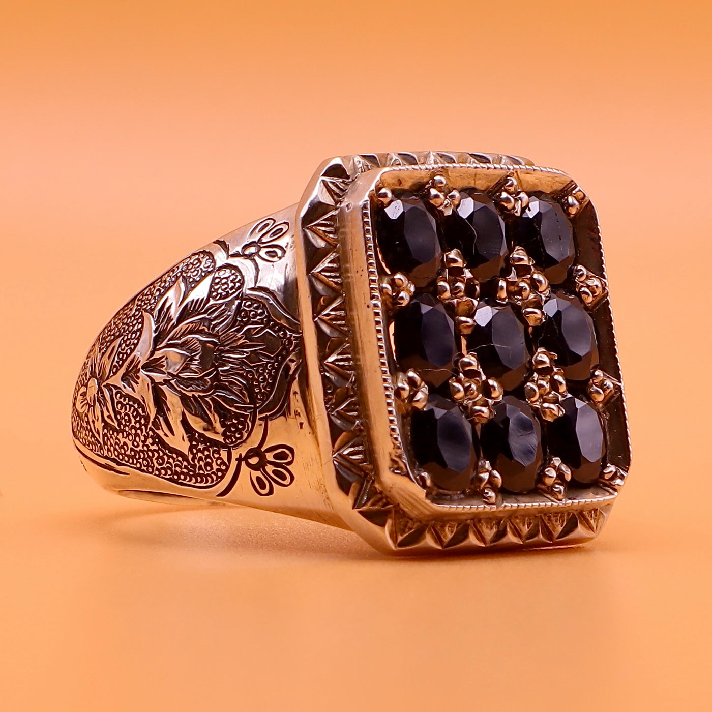 Handmade Iranian Art (Qalamzani) Engraved Persian Ring | 9 Blue Sapphire Stones | Hand Engraved Ring - US Size 11.5 - Al Ali Gems