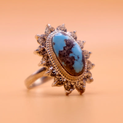 Nishapuri Feroza Ring for Ladies | Genuine Persian Turquoise Sterling Silver Ring with Cubic Zirconia for Women US Size 8 - AlAliGems