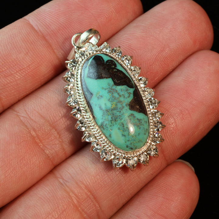 Oval Green Neyshabur Turquoise Stone Pendant | Feroza Pendant with Cubic Zirconia - Al Ali Gems