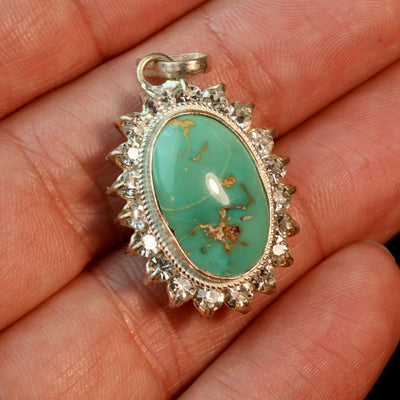 Green Oval Neyshabur Turquoise Stone Pendant | Feroza Pendant with Cubic Zirconia - Al Ali Gems