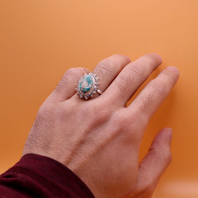 Nishapuri Feroza Ring for Ladies | Genuine Persian Turquoise Sterling Silver Ring with Cubic Zirconia for Women US Size 8.5 - AlAliGems