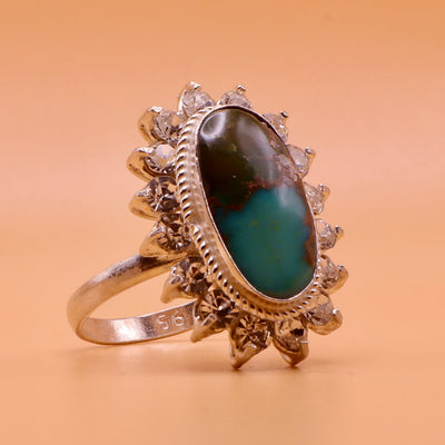 Nishapuri Feroza Ring for Ladies | Genuine Persian Turquoise Sterling Silver Ring with Cubic Zirconia for Women US Size 8 - AlAliGems