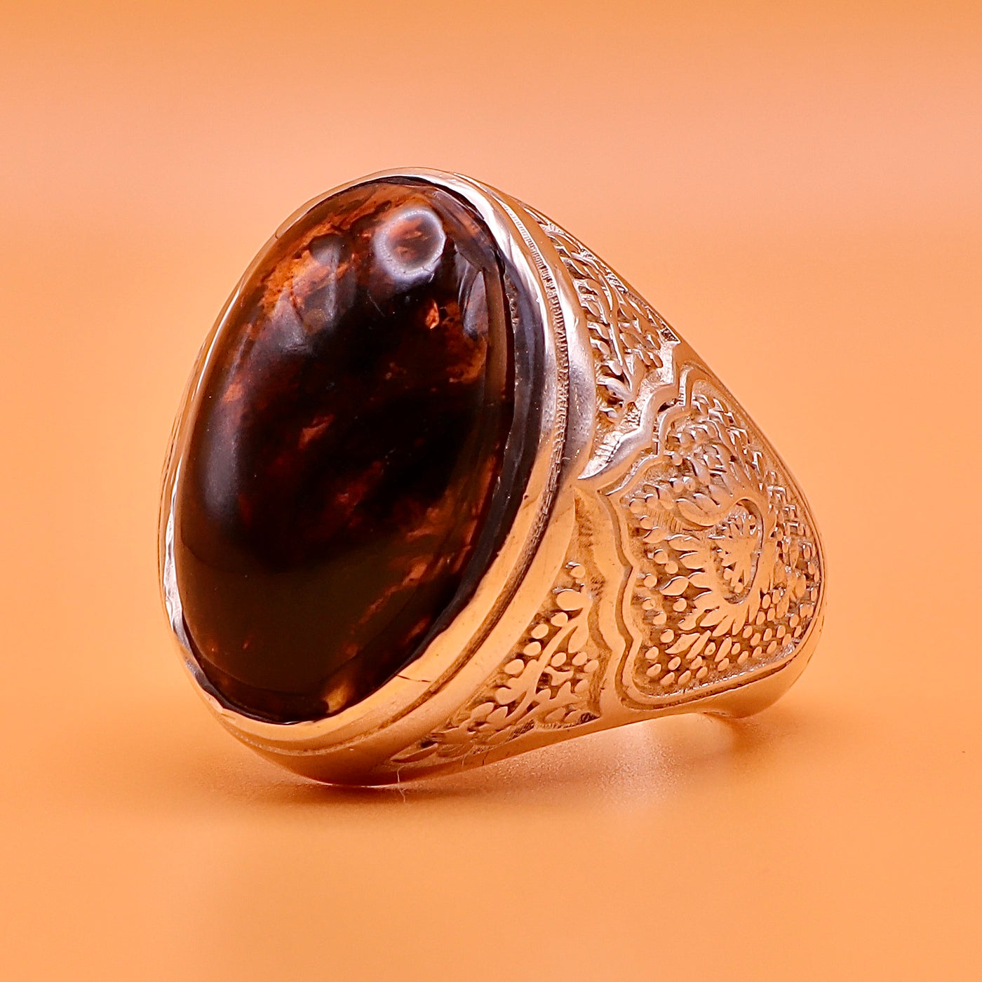Handmade Dark Amber Silver Ring - Kahraman Natural Amber - US Size 11 - AlAliGems