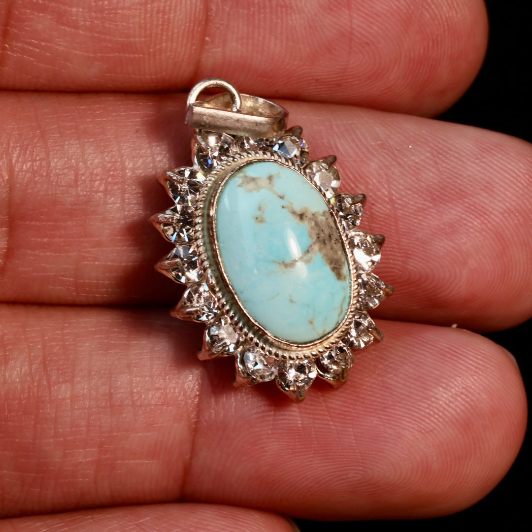 Oval Blue Neyshabur Turquoise Stone Pendant | Feroza Pendant with Cubic Zirconia - Al Ali Gems