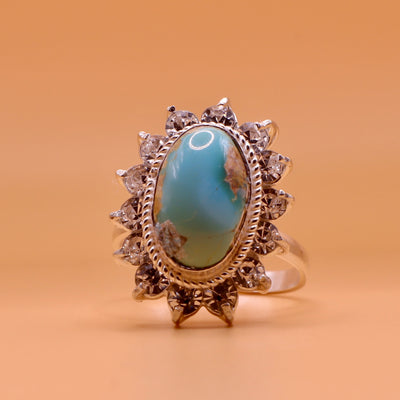 Nishapuri Feroza Ring for Ladies | Genuine Persian Turquoise Sterling Silver Ring with Cubic Zirconia for Women US Size 8 - AlAliGems