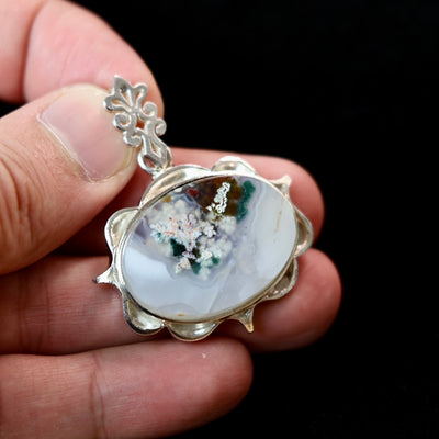 Round Yemeni Shajari Aqeeq Stone Pendant | Handmade Sterling Silver | قلادة عقيق يماني شجري طبيعي⁩⁩ - AlAliGems
