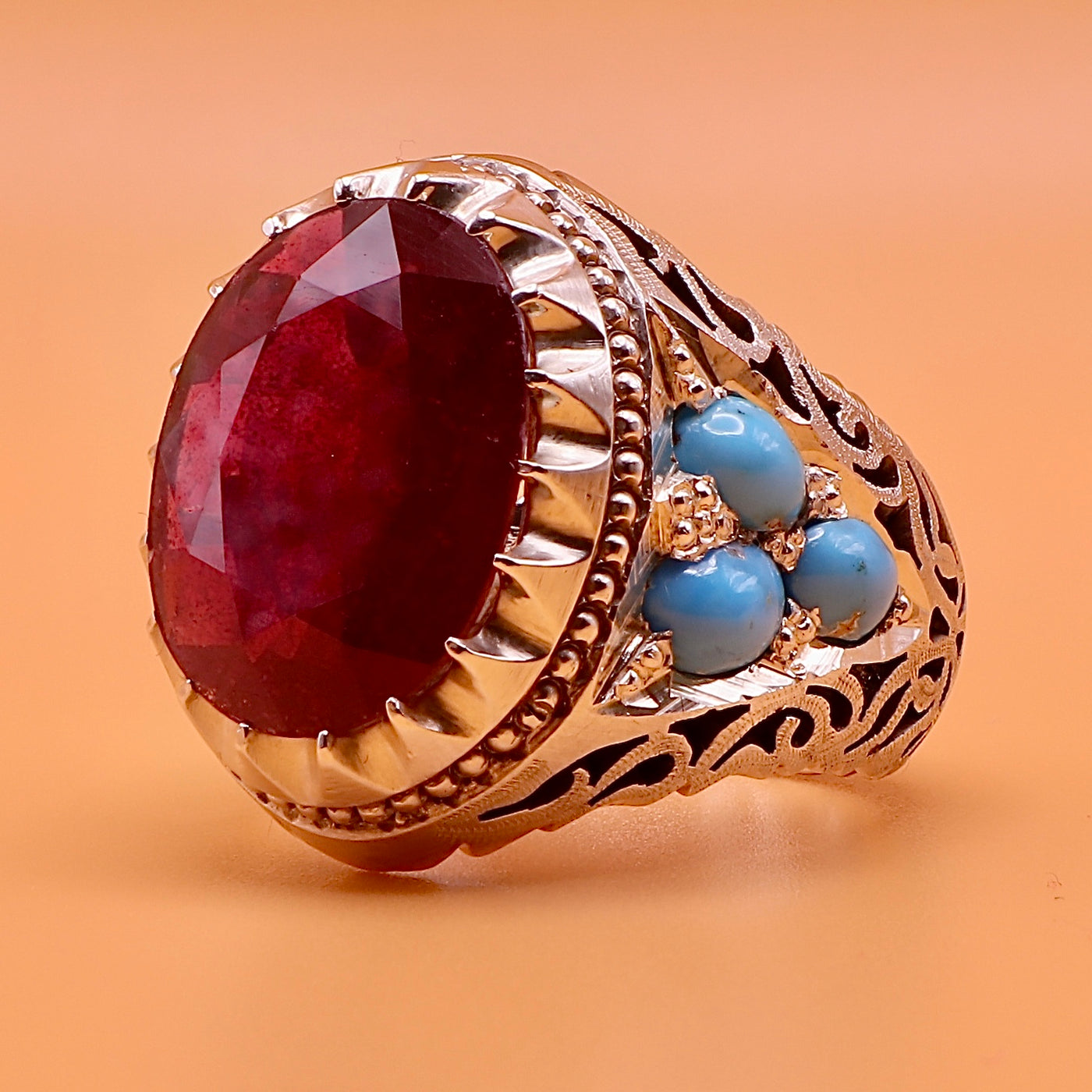 Handmade Yaqoot & Feroza Ring | Handmade Ruby Ring With Persian Turquoise Stones | US Size 10.5 - Al Ali Gems