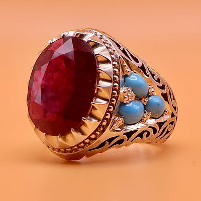 Handmade Yaqoot & Feroza Ring | Handmade Ruby Ring With Persian Turquoise Stones | US Size 10.5 - Al Ali Gems
