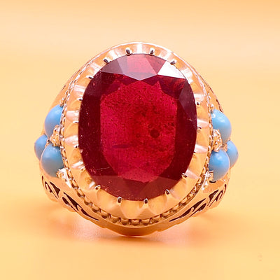 Handmade Yaqoot & Feroza Ring | Handmade Ruby Ring With Persian Turquoise Stones | US Size 10.5 - Al Ali Gems