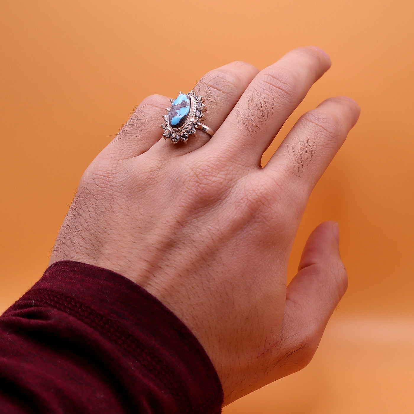 Nishapuri Feroza Ring for Ladies | Genuine Persian Turquoise Sterling Silver Ring with Cubic Zirconia for Women US Size 8 - AlAliGems