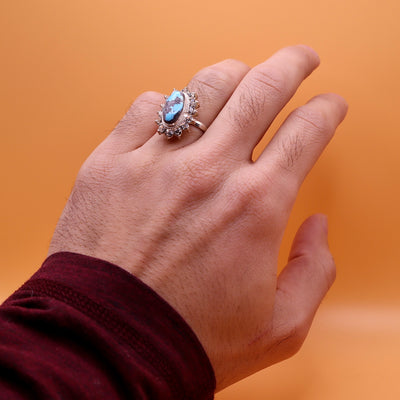 Nishapuri Feroza Ring for Ladies | Genuine Persian Turquoise Sterling Silver Ring with Cubic Zirconia for Women US Size 8 - AlAliGems
