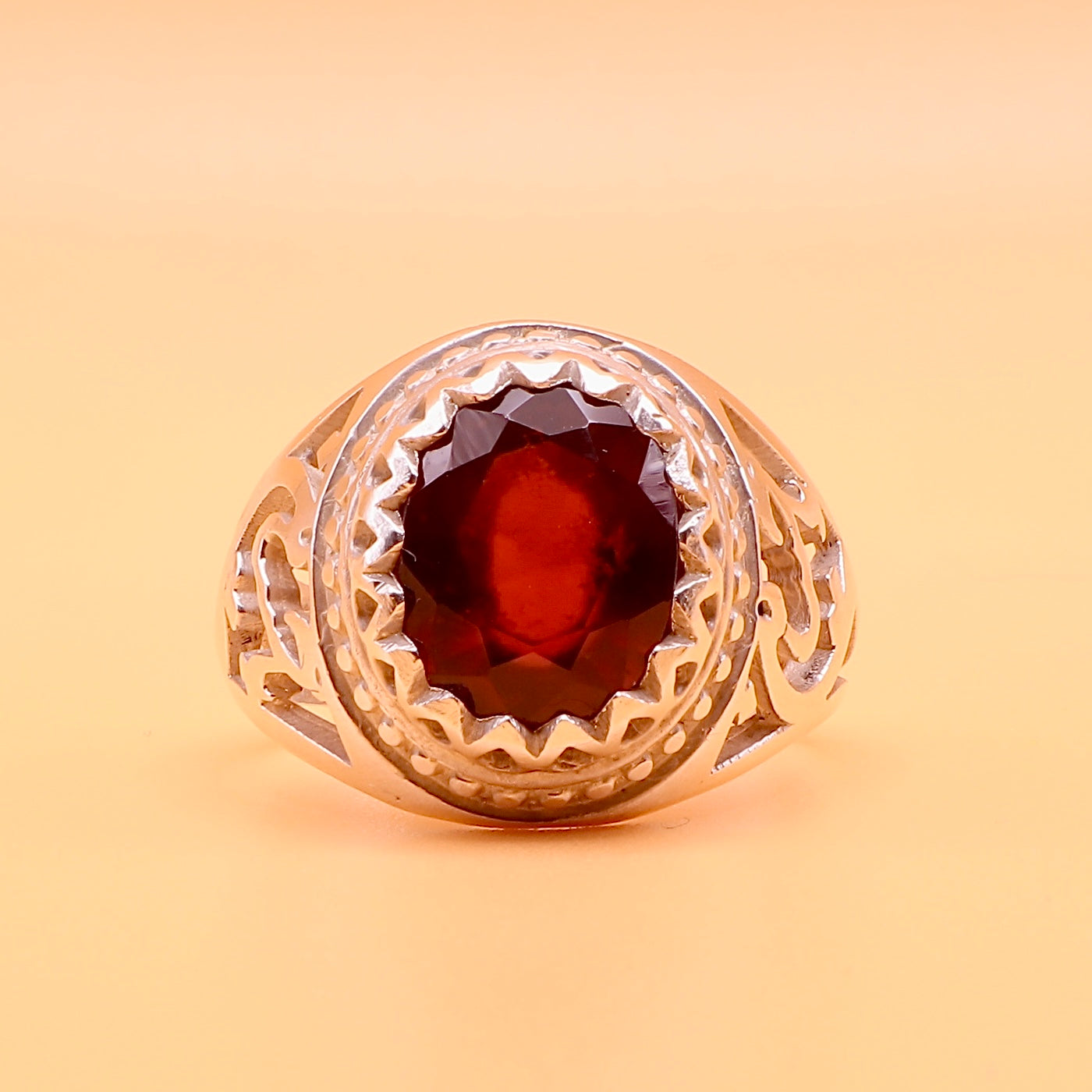 Handmade Yaqoot Silver Ring With Ya Hussain on Each Side | Ruby Stone Ring Unisex - Al Ali Gems
