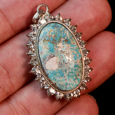 Blue Oval Neyshabur Turquoise Stone Pendant | Feroza Pendant with Cubic Zirconia - Al Ali Gems