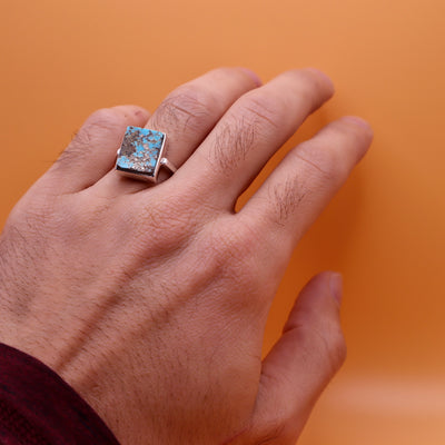 Square Nishapuri Feroza Ring | Genuine Persian Turquoise Sterling Silver Ring with Unisex US Size 8.5 - AlAliGems