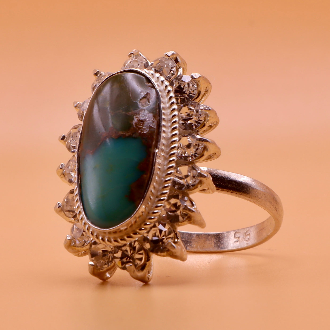 Nishapuri Feroza Ring for Ladies | Genuine Persian Turquoise Sterling Silver Ring with Cubic Zirconia for Women US Size 8 - AlAliGems