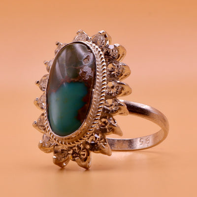 Nishapuri Feroza Ring for Ladies | Genuine Persian Turquoise Sterling Silver Ring with Cubic Zirconia for Women US Size 8 - AlAliGems
