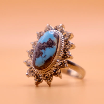 Nishapuri Feroza Ring for Ladies | Genuine Persian Turquoise Sterling Silver Ring with Cubic Zirconia for Women US Size 8 - AlAliGems