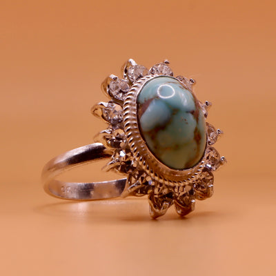 Nishapuri Feroza Ring for Ladies | Genuine Persian Turquoise Sterling Silver Ring with Cubic Zirconia for Women US Size 8 - AlAliGems