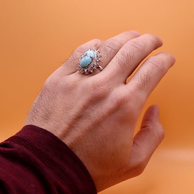 Nishapuri Feroza Ring for Ladies | Genuine Persian Turquoise Sterling Silver Ring with Cubic Zirconia for Women US Size 9 - AlAliGems