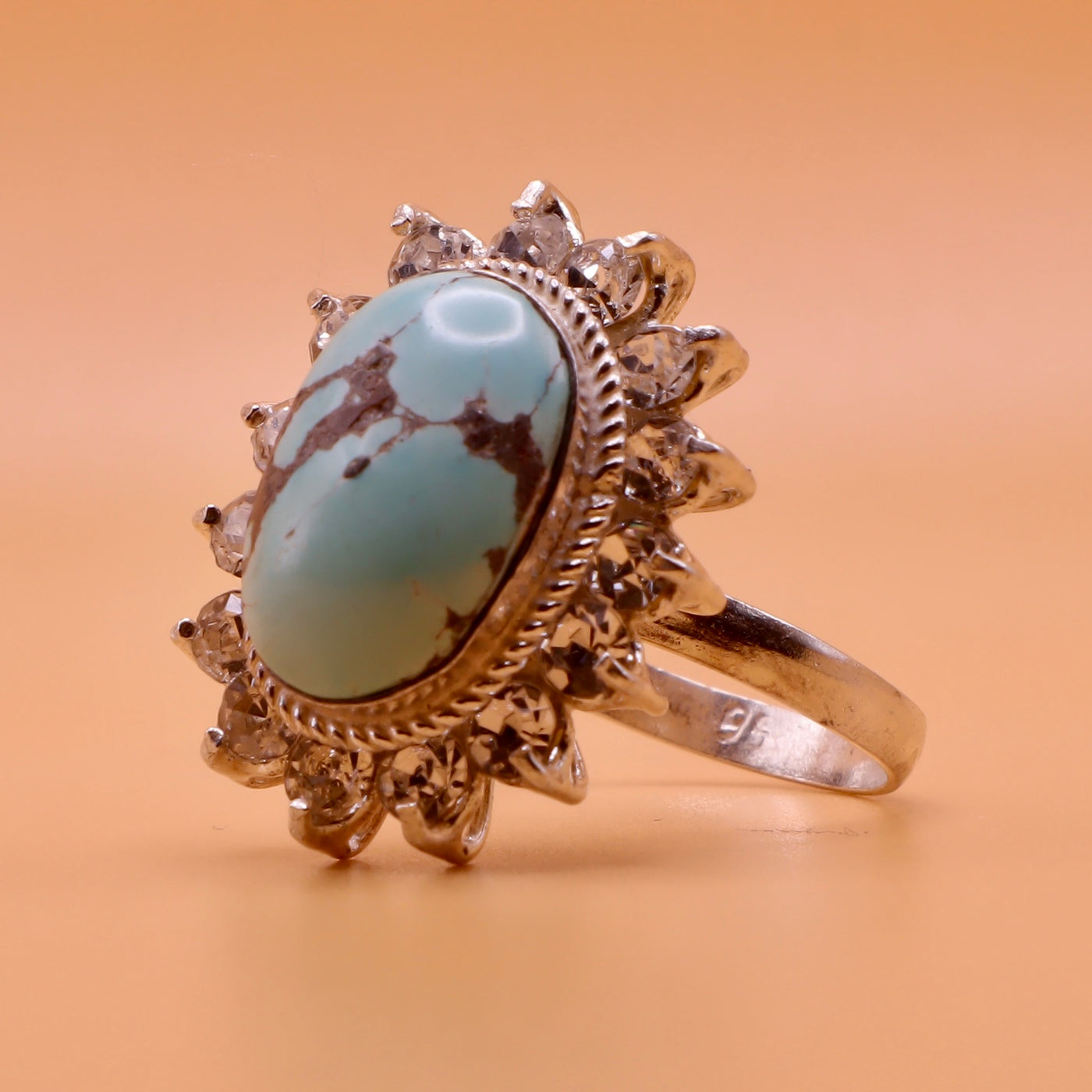 Nishapuri Feroza Ring for Ladies | Genuine Persian Turquoise Sterling Silver Ring with Cubic Zirconia for Women US Size 9 - AlAliGems