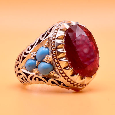 Handmade Yaqoot & Feroza Ring | Handmade Ruby Ring With Persian Turquoise Stones | US Size 10.5 - Al Ali Gems