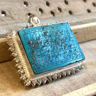 Neyshabur (Nishapur) Turquoise Stone Pendant with Cubic Zirconia | Feroza Engraved Naad E Ali - Al Ali Gems