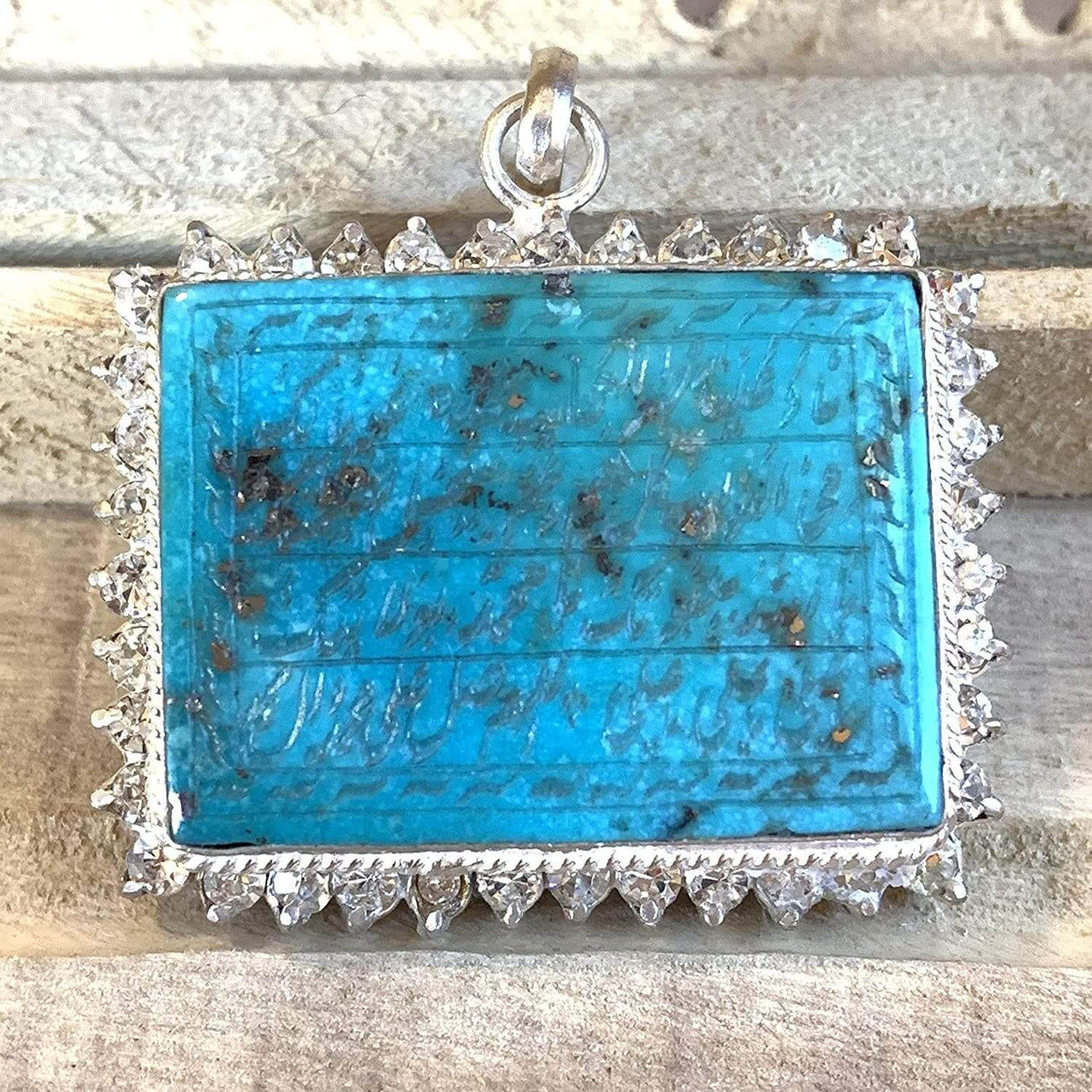 Neyshabur (Nishapur) Turquoise Stone Pendant with Cubic Zirconia | Feroza Engraved Naad E Ali - Al Ali Gems
