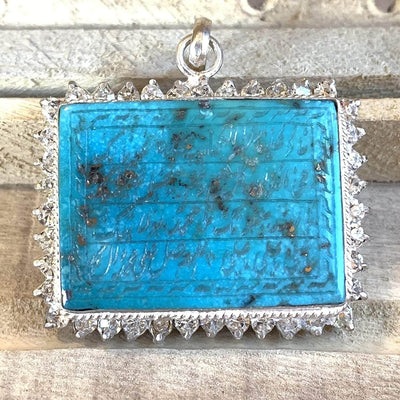 Neyshabur (Nishapur) Turquoise Stone Pendant with Cubic Zirconia | Feroza Engraved Naad E Ali - Al Ali Gems