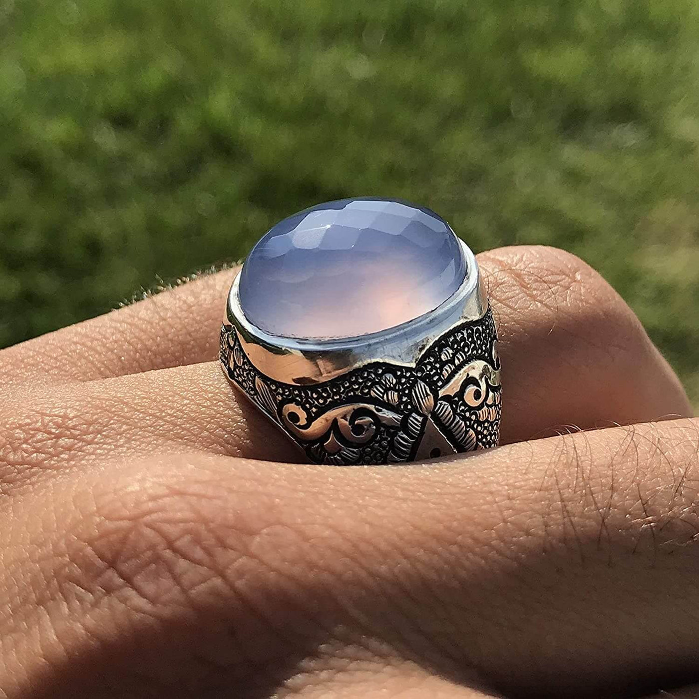 Light Blue Yemeni Aqeeq Agate | خاتم عقيق يمني ازرق | Sterling Silver Aqeeq Ring AlAliGems - Al Ali Gems