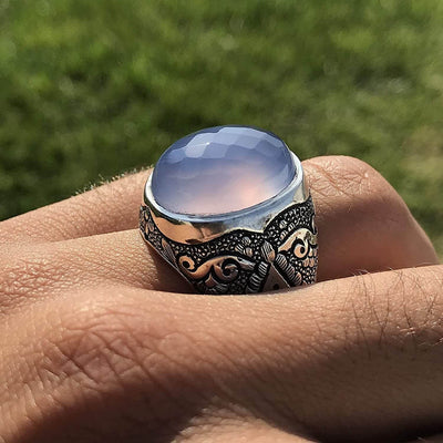 Light Blue Yemeni Aqeeq Agate | خاتم عقيق يمني ازرق | Sterling Silver Aqeeq Ring AlAliGems - Al Ali Gems
