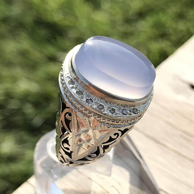 Light Blue Yemeni Aqeeq Agate | خاتم عقيق يمني ازرق | Sterling Silver Aqeeq Ring AlAliGems - Al Ali Gems
