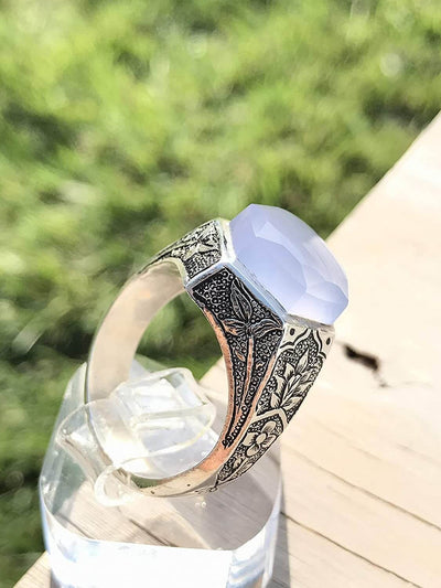Light Blue Yemeni Aqeeq Agate | خاتم عقيق يمني ازرق | Sterling Silver Aqeeq Ring AlAliGems - Al Ali Gems