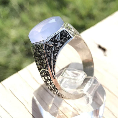 Light Blue Yemeni Aqeeq Agate | خاتم عقيق يمني ازرق | Sterling Silver Aqeeq Ring AlAliGems - Al Ali Gems
