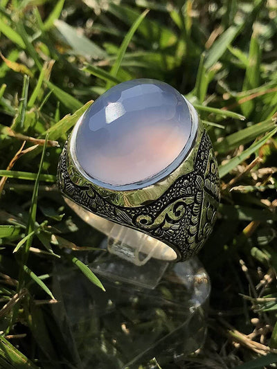 Light Blue Yemeni Aqeeq Agate | خاتم عقيق يمني ازرق | Sterling Silver Aqeeq Ring AlAliGems - Al Ali Gems