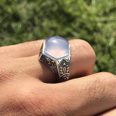 Light Blue Yemeni Aqeeq Agate | خاتم عقيق يمني ازرق | Sterling Silver Aqeeq Ring AlAliGems - Al Ali Gems